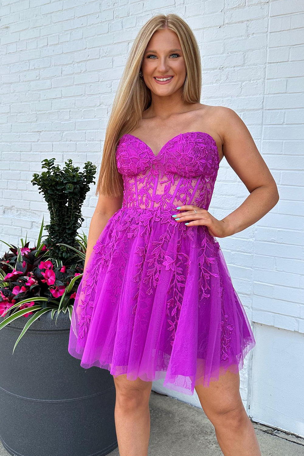Fuchsia Homecoming Dresses Corset A-Line Tulle Short Cocktail Dresses with Lace