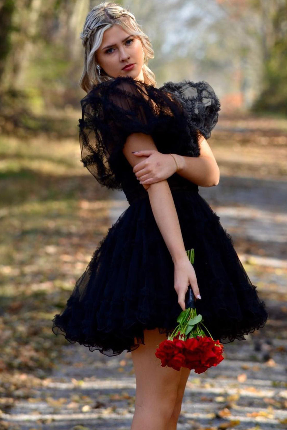 Fuchsia Homecoming Dresses Corset Puff Sleeves A-Line Short Tulle Cocktail Dresses with Ruffles