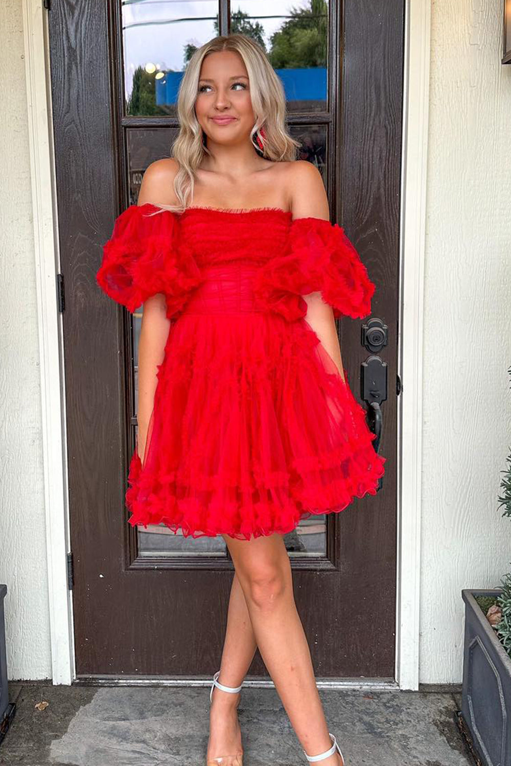 Fuchsia Homecoming Dresses Corset Puff Sleeves A-Line Short Tulle Cocktail Dresses with Ruffles