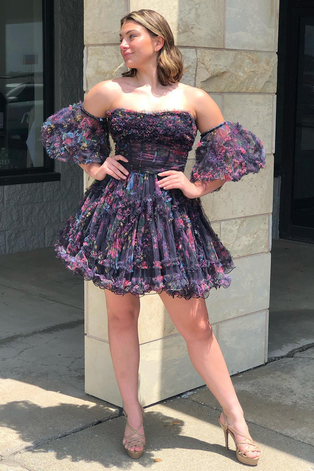 Fuchsia Homecoming Dresses Corset Puff Sleeves A-Line Short Tulle Cocktail Dresses with Ruffles