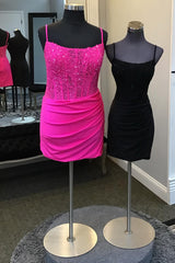 Fuchsia Homecoming Dresses Corset Spaghetti Straps Tight Short Cocktail Dresses with Lace