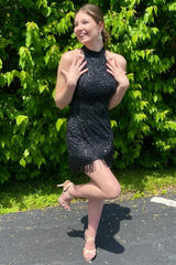 Fuchsia Homecoming Dresses Halter Sequin Tight Cocktail Dresses with Fringes