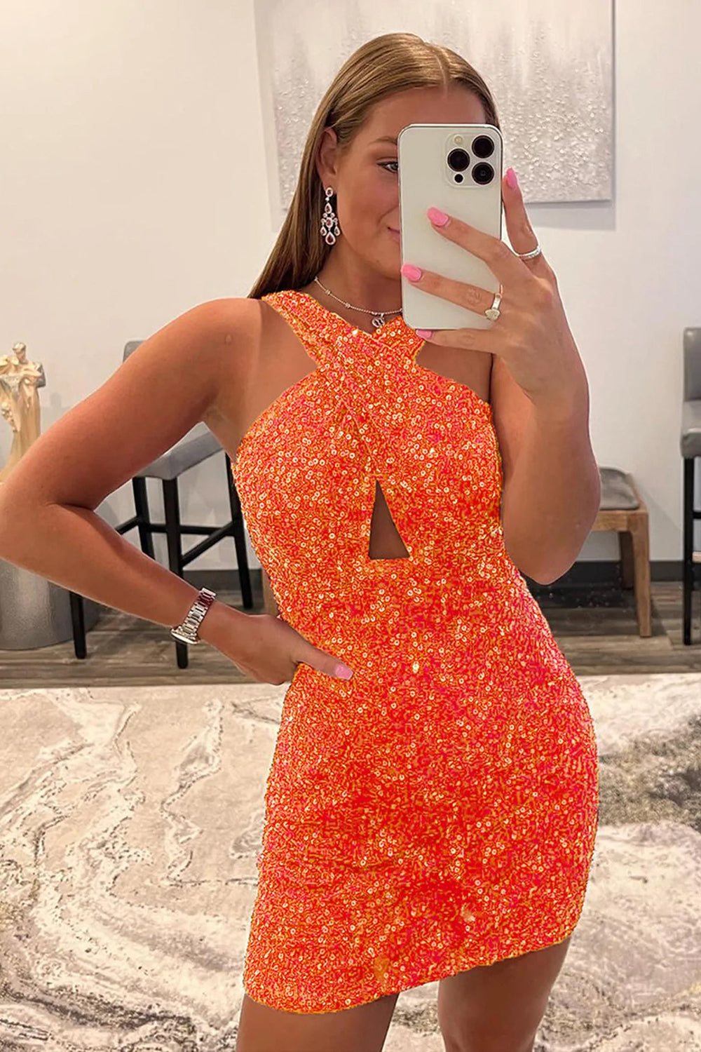 Fuchsia Homecoming Dresses Halter Sleeveless Sequined Cocktail Dresses