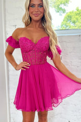 Fuchsia Homecoming Dresses Lace-Up Back A-Line Short Cocktail Dresses with Lace