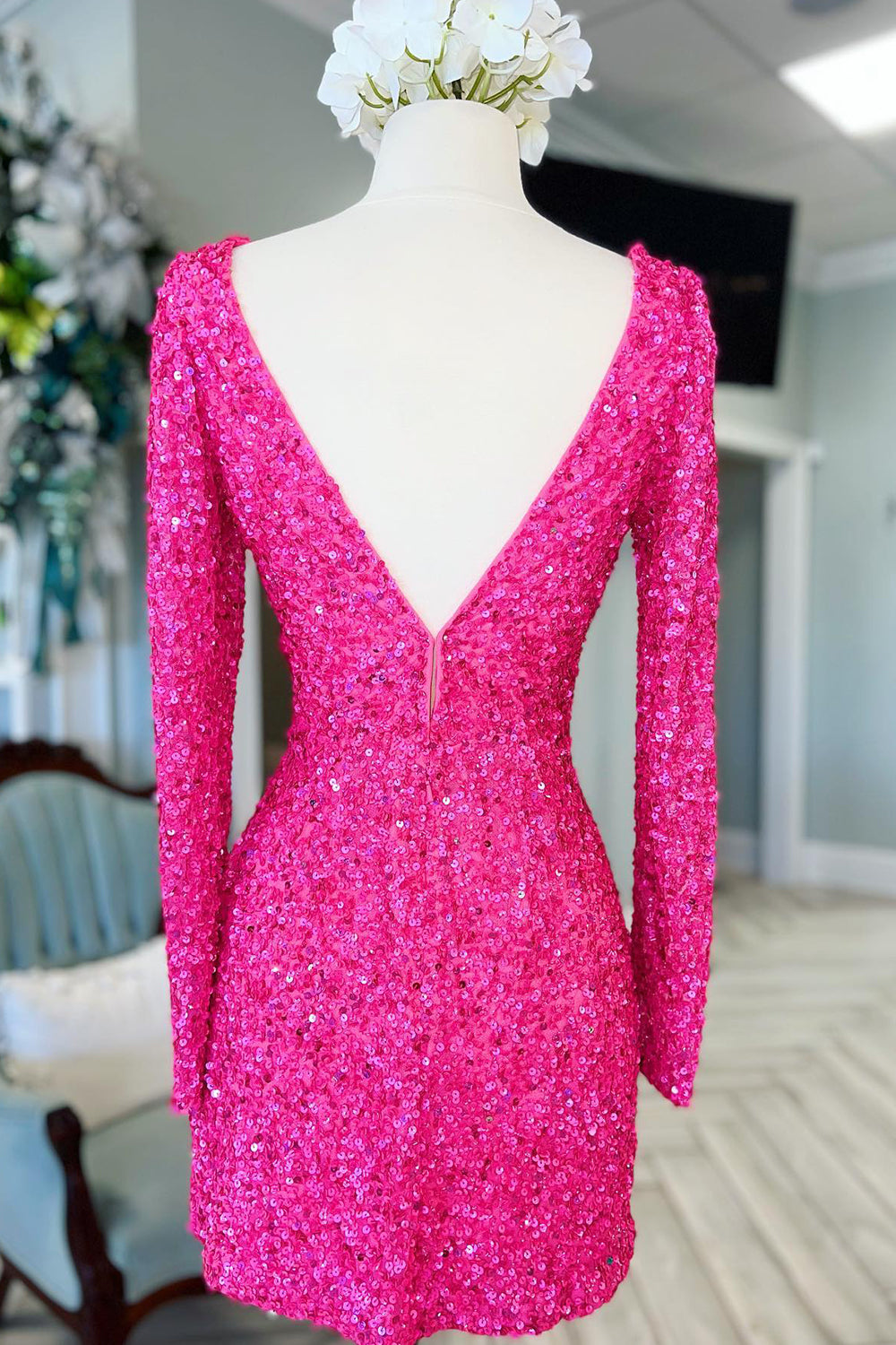 Fuchsia Homecoming Dresses Long Sleeves Sequin Tight Short Cocktail Dresses