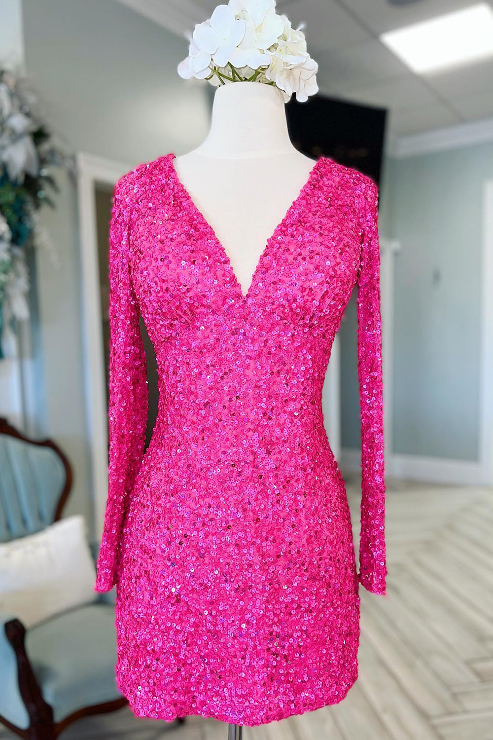 Fuchsia Homecoming Dresses Long Sleeves Sequin Tight Short Cocktail Dresses