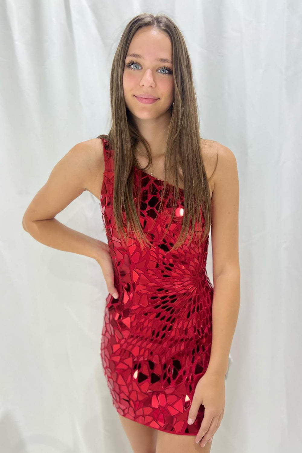 Fuchsia Homecoming Dresses Mirror One Shoulder Tight Short Cocktail Dresses