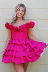 Fuchsia Homecoming Dresses Off The Shoulder Corset Short Cocktail Dresses With Ruffles