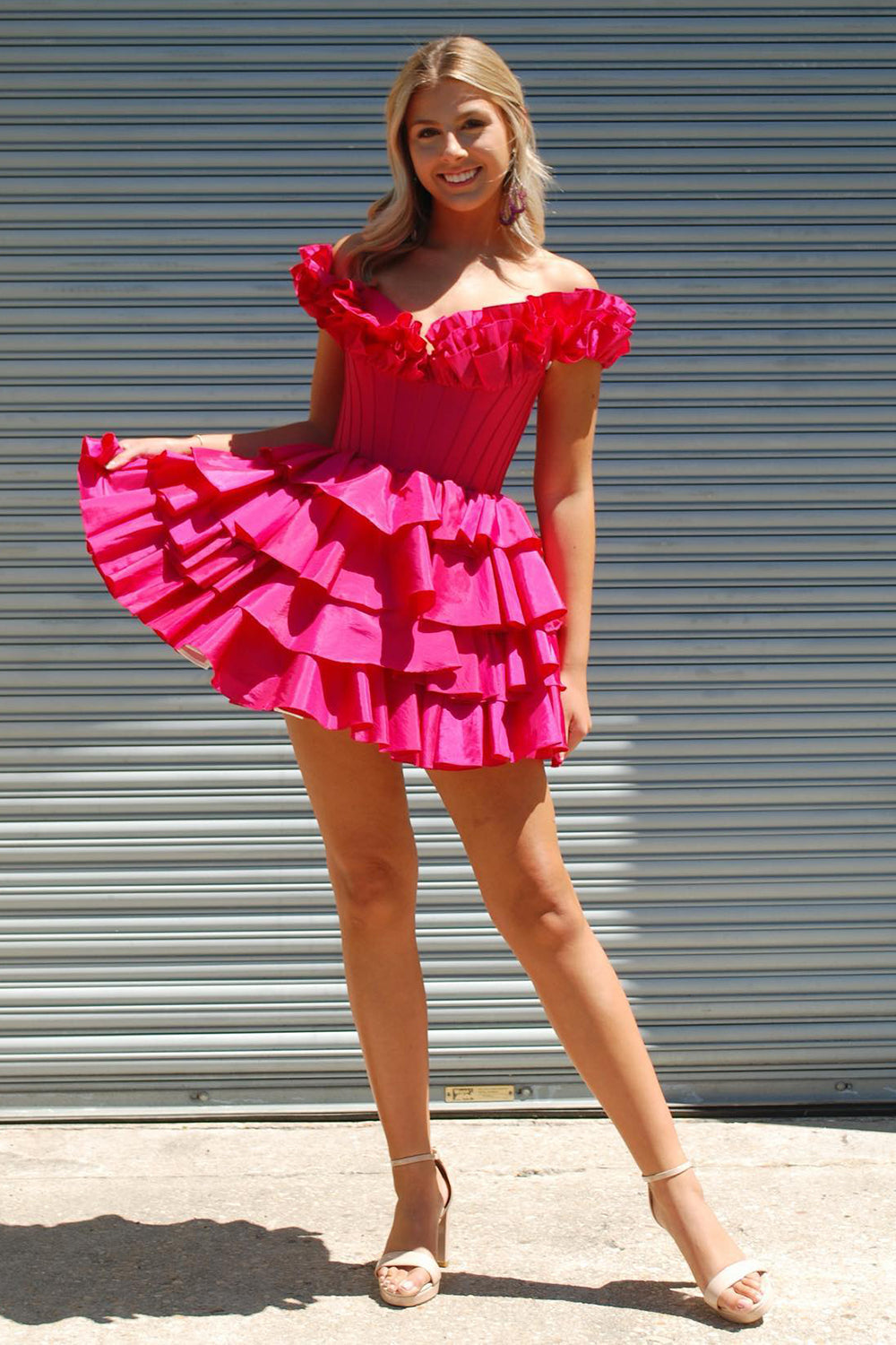 Fuchsia Homecoming Dresses Off The Shoulder Corset Short Cocktail Dresses With Ruffles
