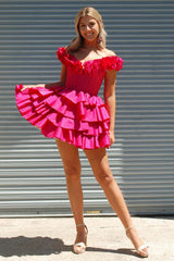 Fuchsia Homecoming Dresses Off The Shoulder Corset Short Cocktail Dresses With Ruffles