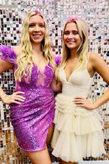 Fuchsia Homecoming Dresses Off the Shoulder Tight Short Cocktail Dresses with Feathers