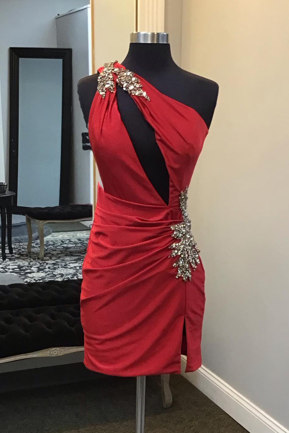 Fuchsia Homecoming Dresses One Shoulder Cut Out Tight Short Hoco Dresses with Beading