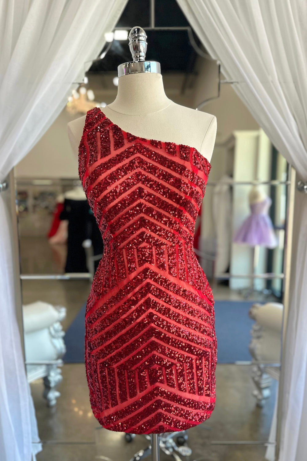 Fuchsia Homecoming Dresses One Shoulder Sequin Tight Short Cocktail Dresses