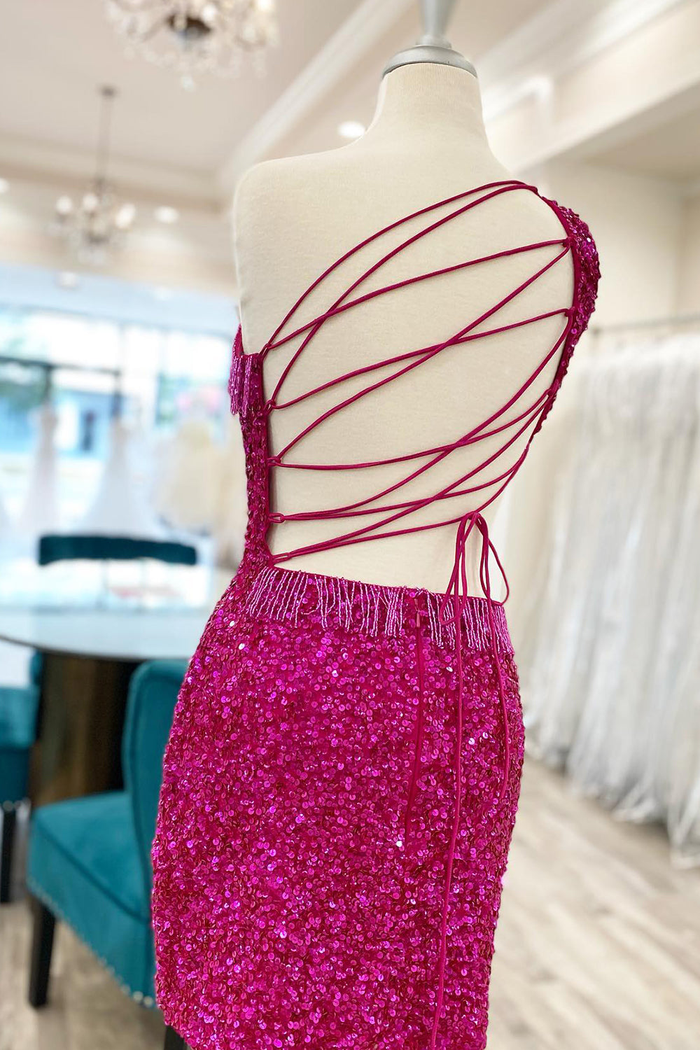 Fuchsia Homecoming Dresses Sequin Fringed Cut Out Tight Short Cocktail Dresses