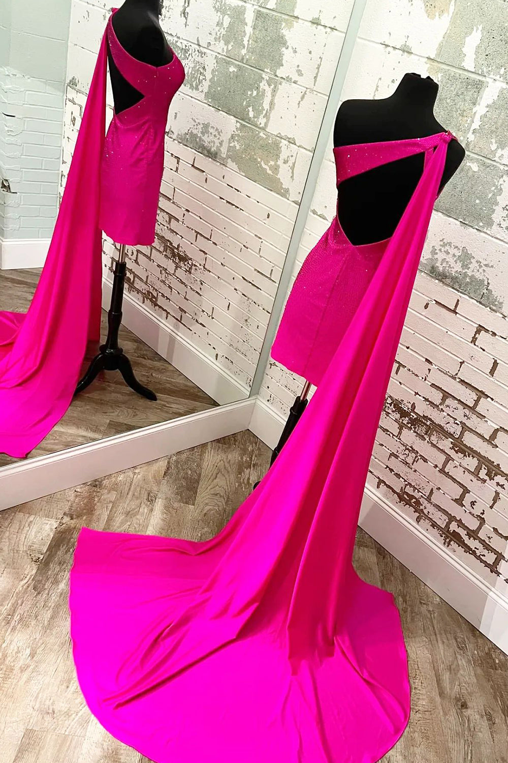 Fuchsia Homecoming Dresses Sequin One Shoulder Watteau Train Tight Cocktail Dresses