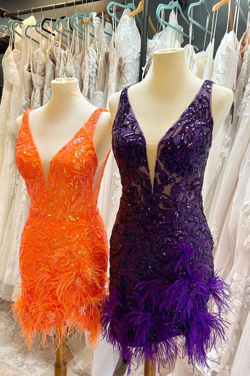 Fuchsia Homecoming Dresses Sequin Tight Short Cocktail Dresses with Feathers
