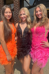 Fuchsia Homecoming Dresses Sequin Tight Short Cocktail Dresses with Feathers