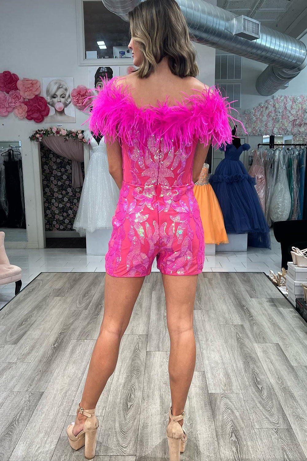 Fuchsia Homecoming Dresses Sequin Tight Short Hoco Jumpsuits with Feathers