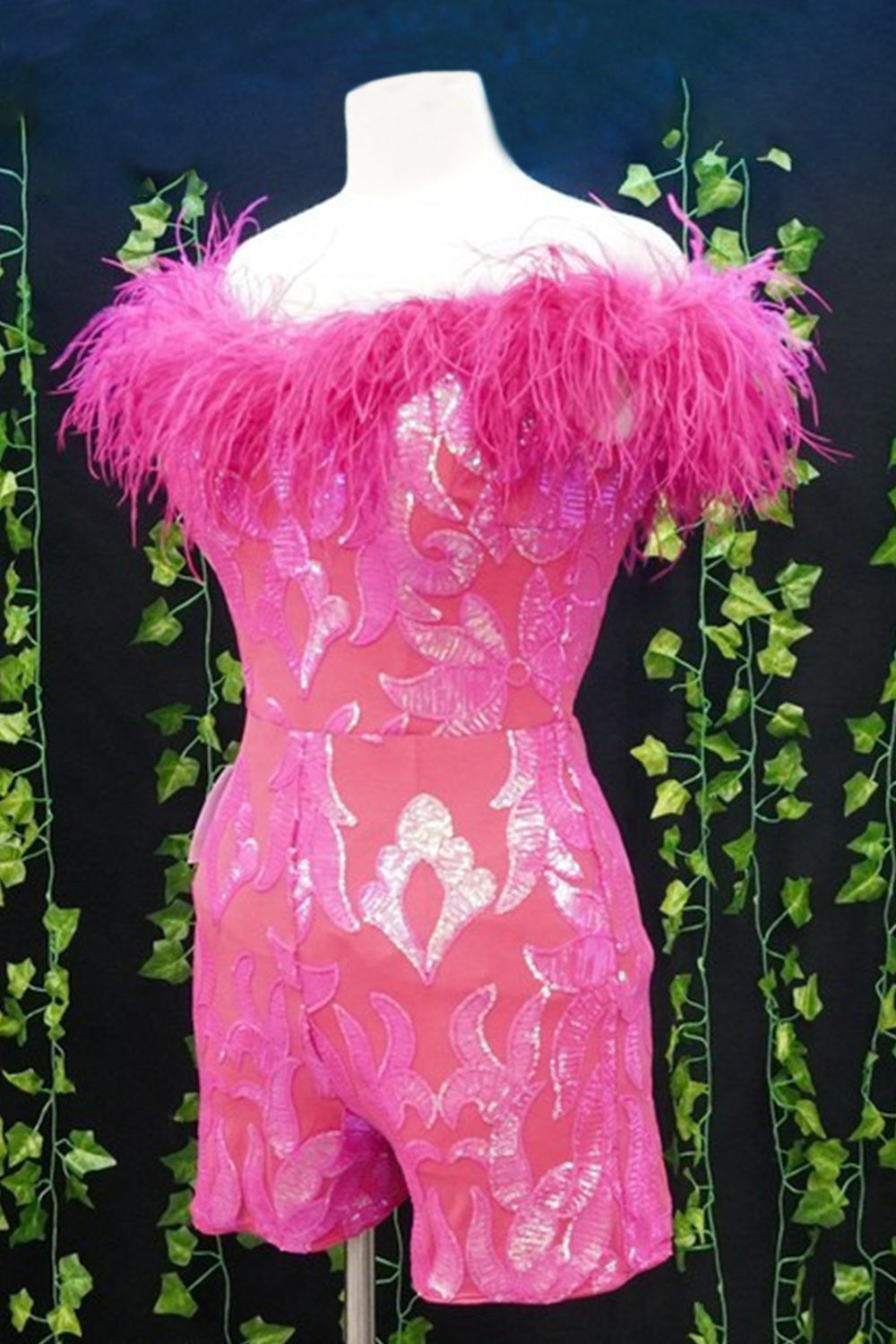 Fuchsia Homecoming Dresses Sequin Tight Short Hoco Jumpsuits with Feathers