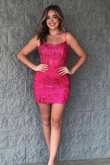 Fuchsia Homecoming Dresses Sequined Corset Tight Short Cocktail Dresses