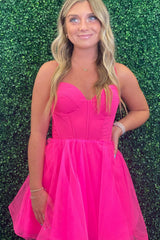 Fuchsia Homecoming Dresses Spaghetti Straps Corset A-Line Short Tulle Cocktail Dresses