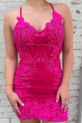Fuchsia Homecoming Dresses Tight Short Cocktail Dresses with Appliques
