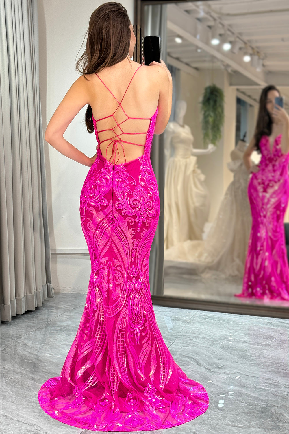 Fuchsia Mermaid Prom Dress Backless Long Evening Dress With Appliques