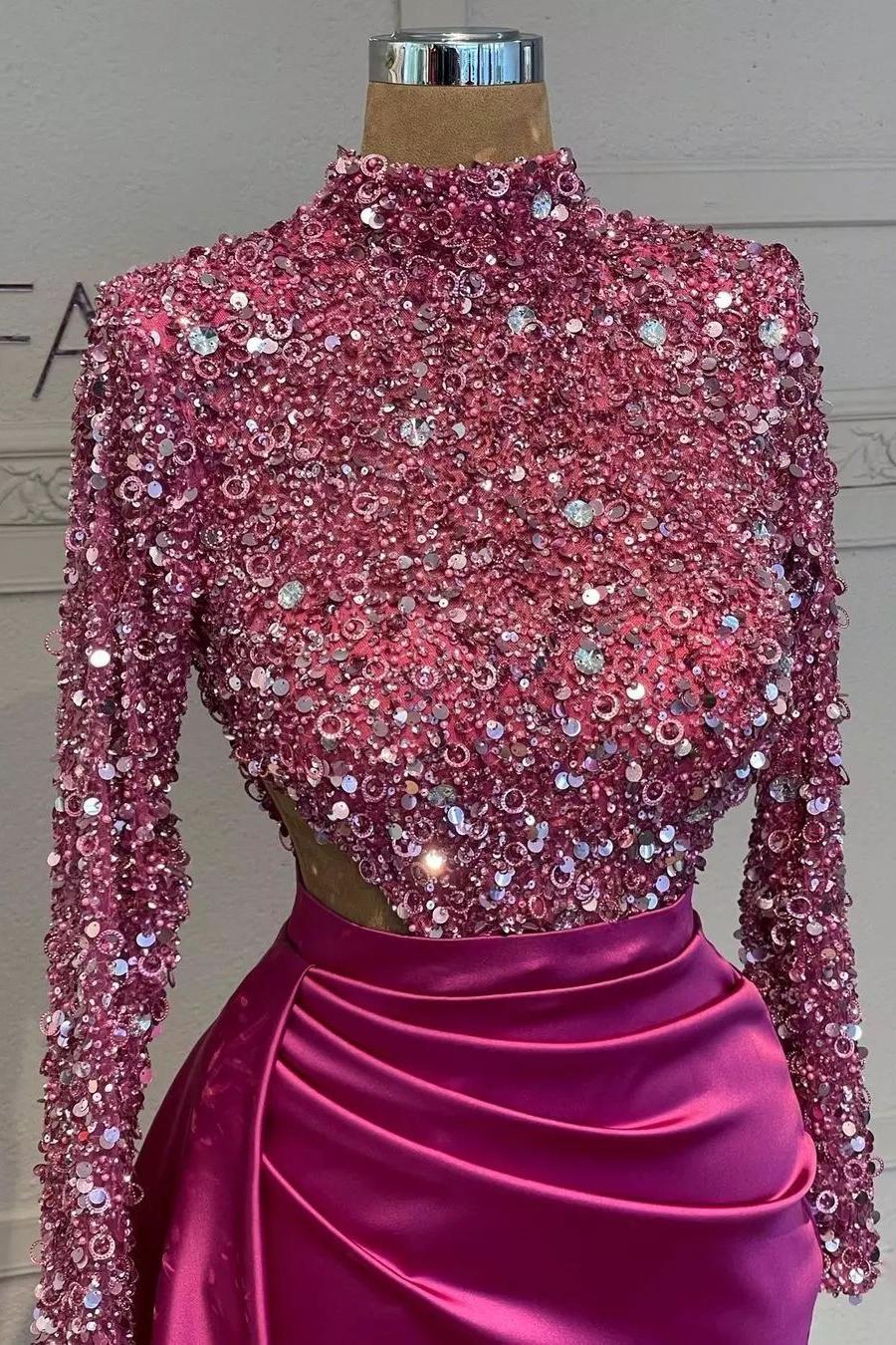 Fuchsia Mermaid Prom Dress Long Sleeve High Neck Satin Formal Dress With Sequins