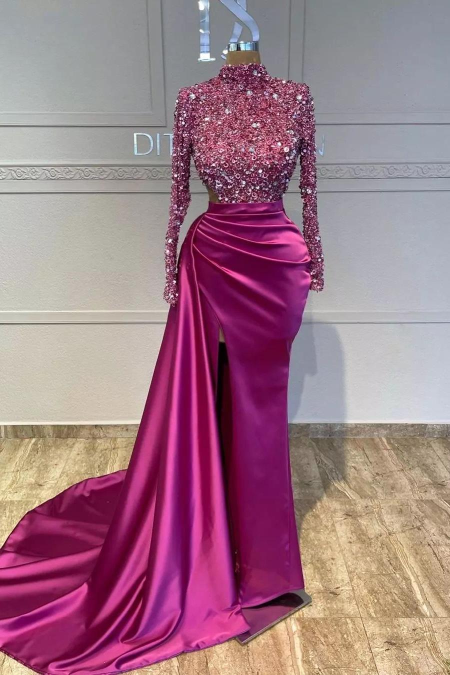 Fuchsia Mermaid Prom Dress Long Sleeve High Neck Satin Formal Dress With Sequins