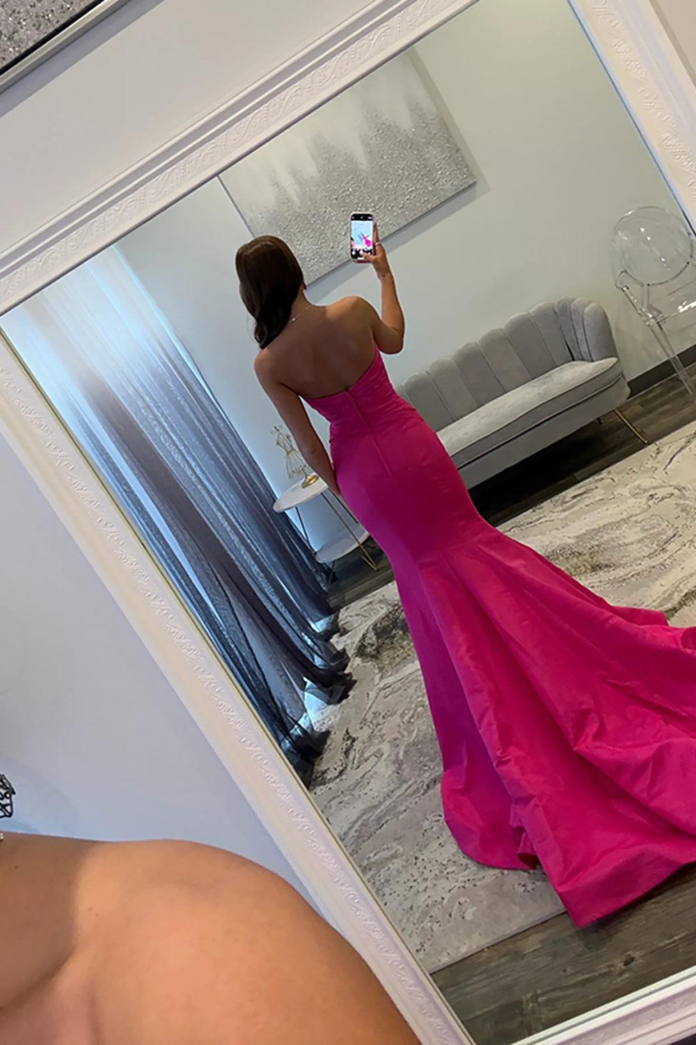 Fuchsia Mermaid Prom Dress Satin Strapless Keyhole Long Formal Dress With Bows