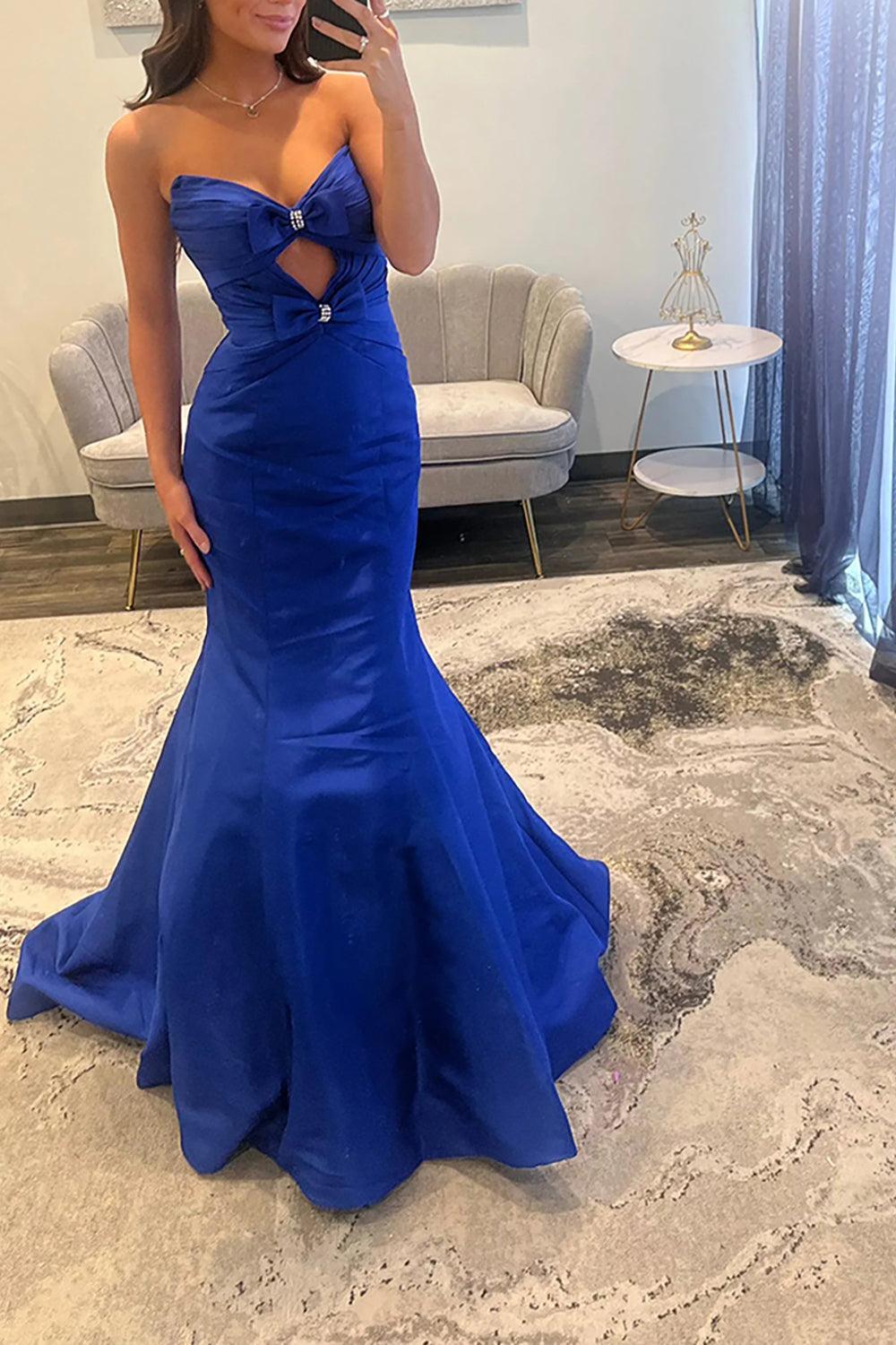 Fuchsia Mermaid Prom Dress Satin Strapless Keyhole Long Formal Dress With Bows