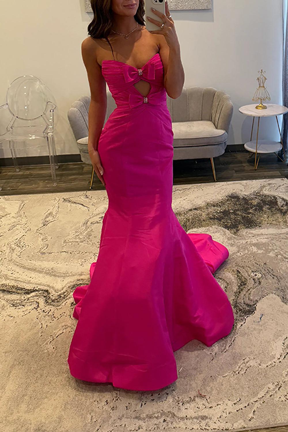 Fuchsia Mermaid Prom Dress Satin Strapless Keyhole Long Formal Dress With Bows