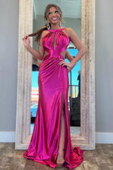 Fuchsia Metallic Mermaid Prom Dress With Slit And Open Back Formal Evening Gown