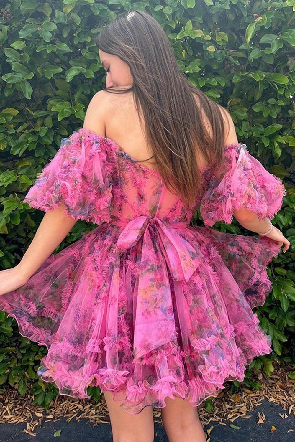 Fuchsia Off-the-Shoulder A-Line Printed Short Homecoming Dress