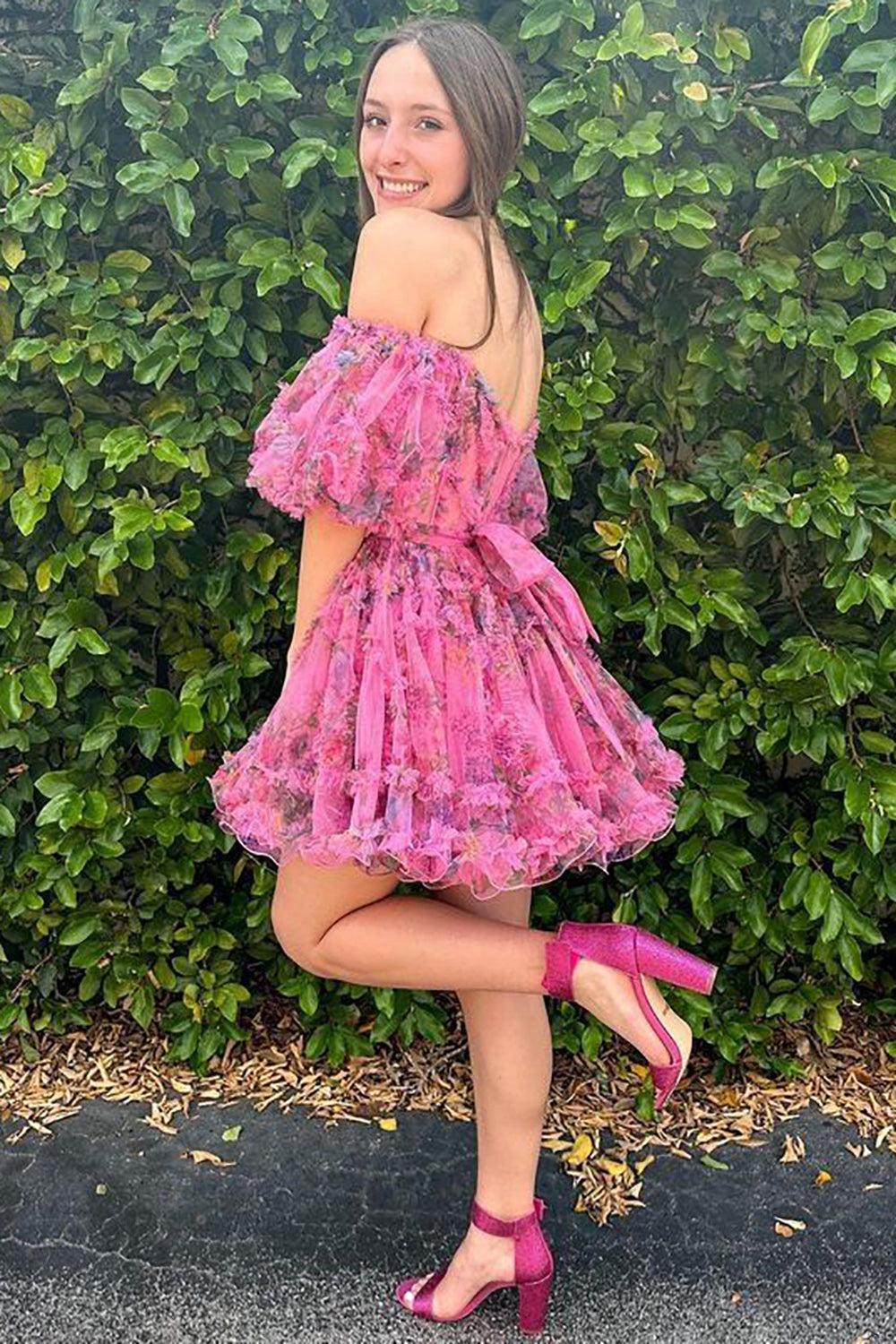 Fuchsia Off-the-Shoulder A-Line Printed Short Homecoming Dress