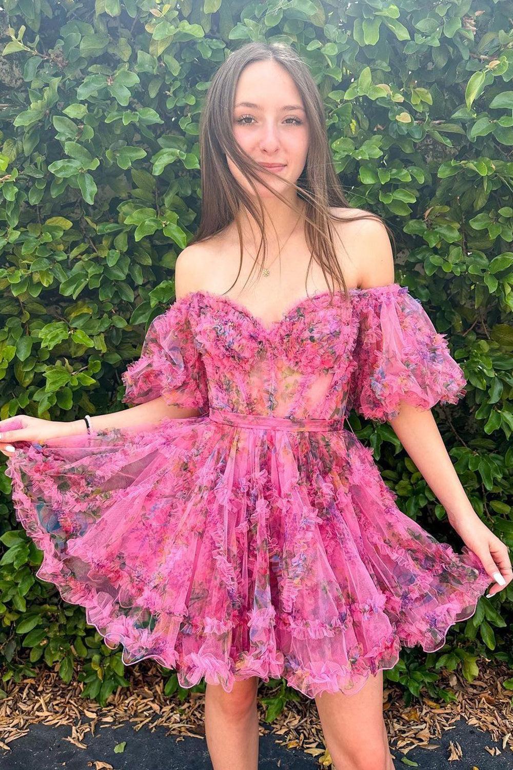 Fuchsia Off-the-Shoulder A-Line Printed Short Homecoming Dress