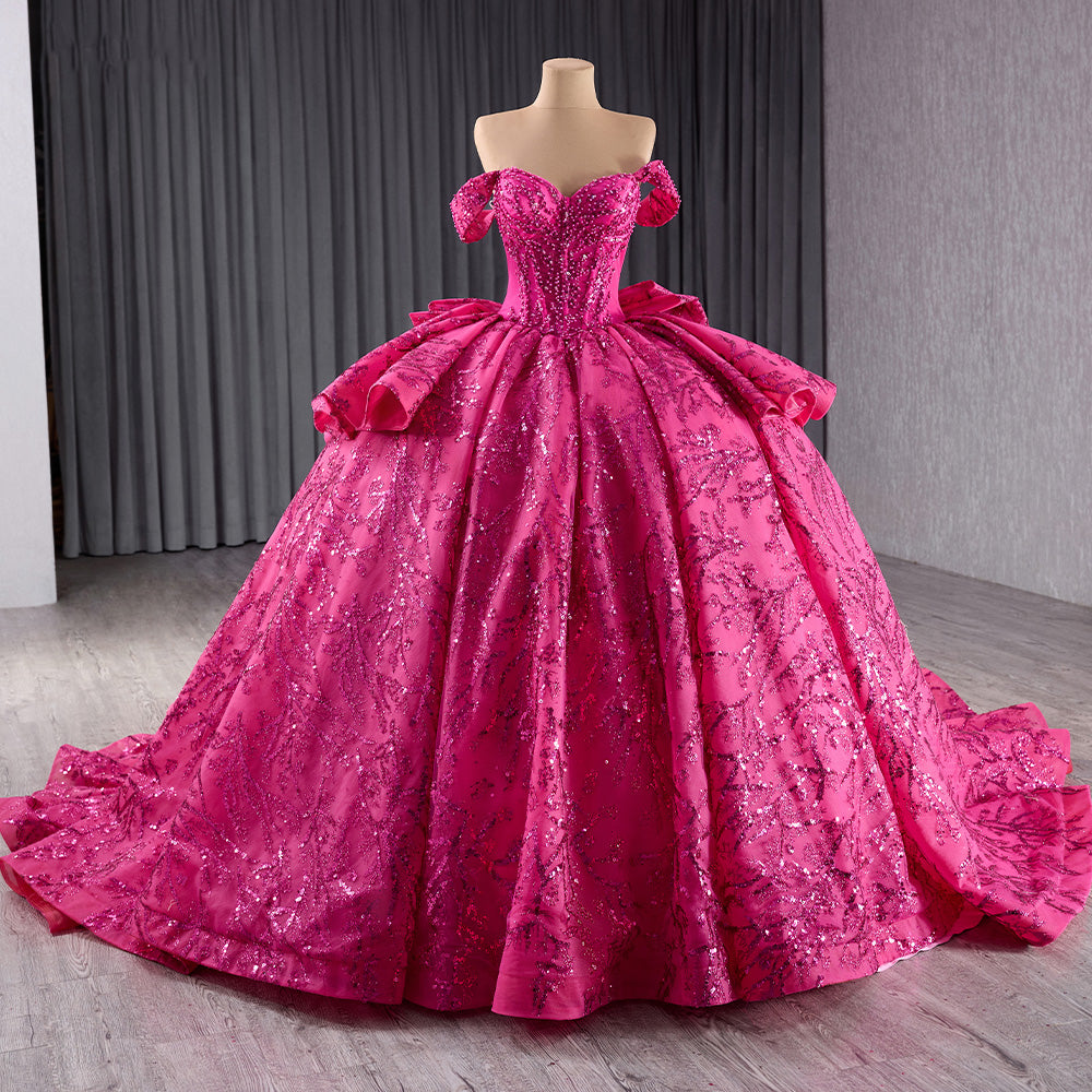 Fuchsia Off the Shoulder Wedding Dress Ball Gown Sequin Evening Dress