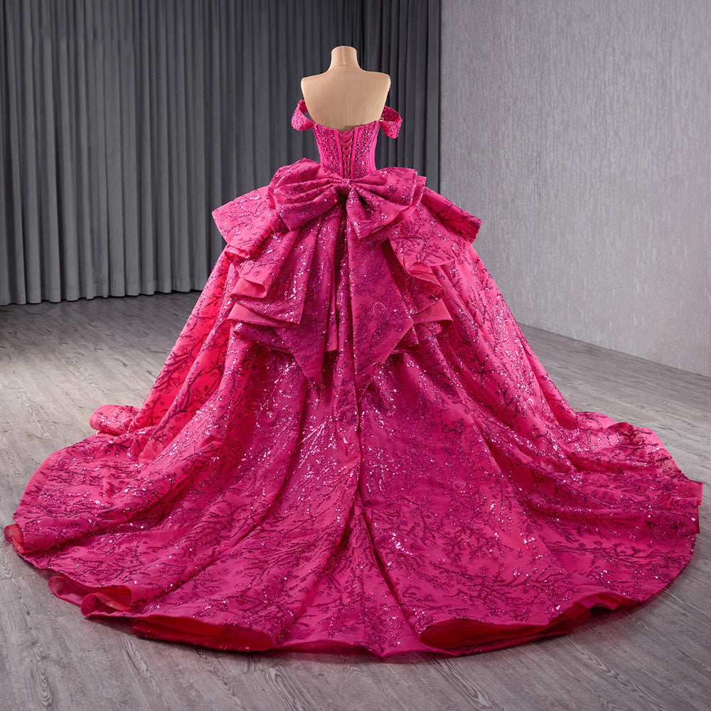 Fuchsia Off the Shoulder Wedding Dress Ball Gown Sequin Evening Dress