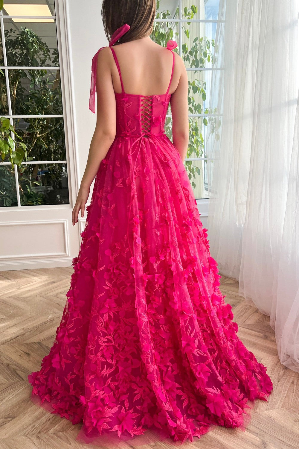 Fuchsia Prom Dress A Line 3D Flower Lace Evening Dress With Split