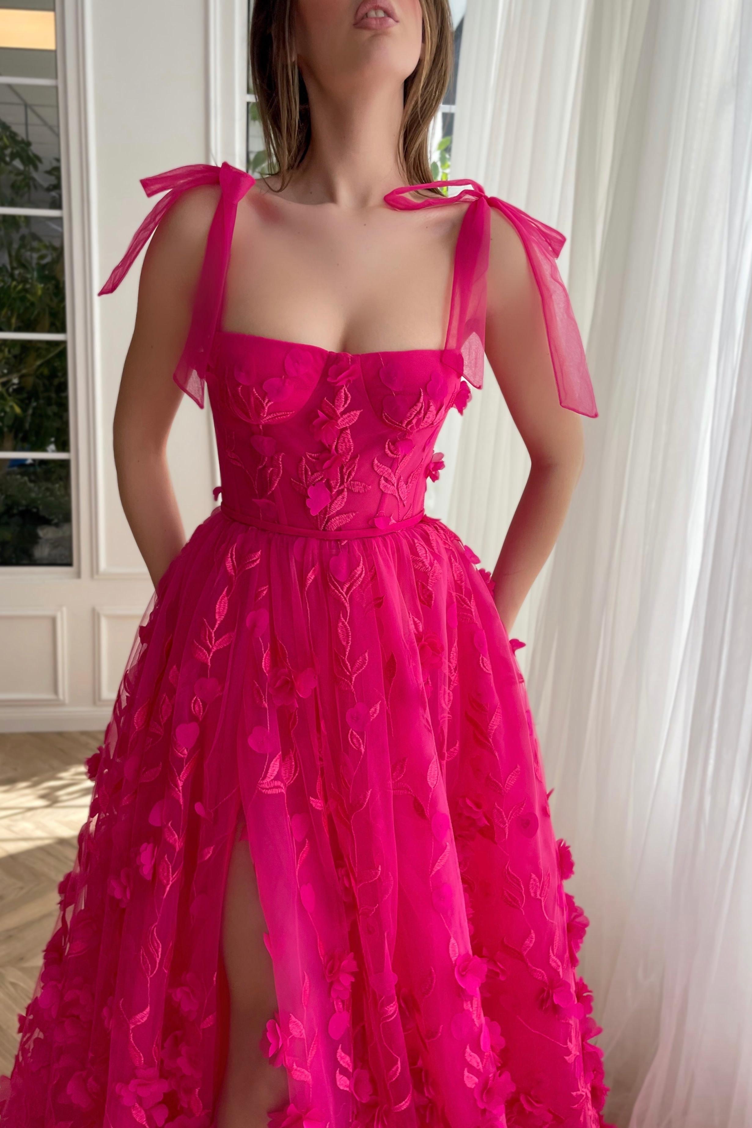 Fuchsia Prom Dress A Line 3D Flower Lace Evening Dress With Split
