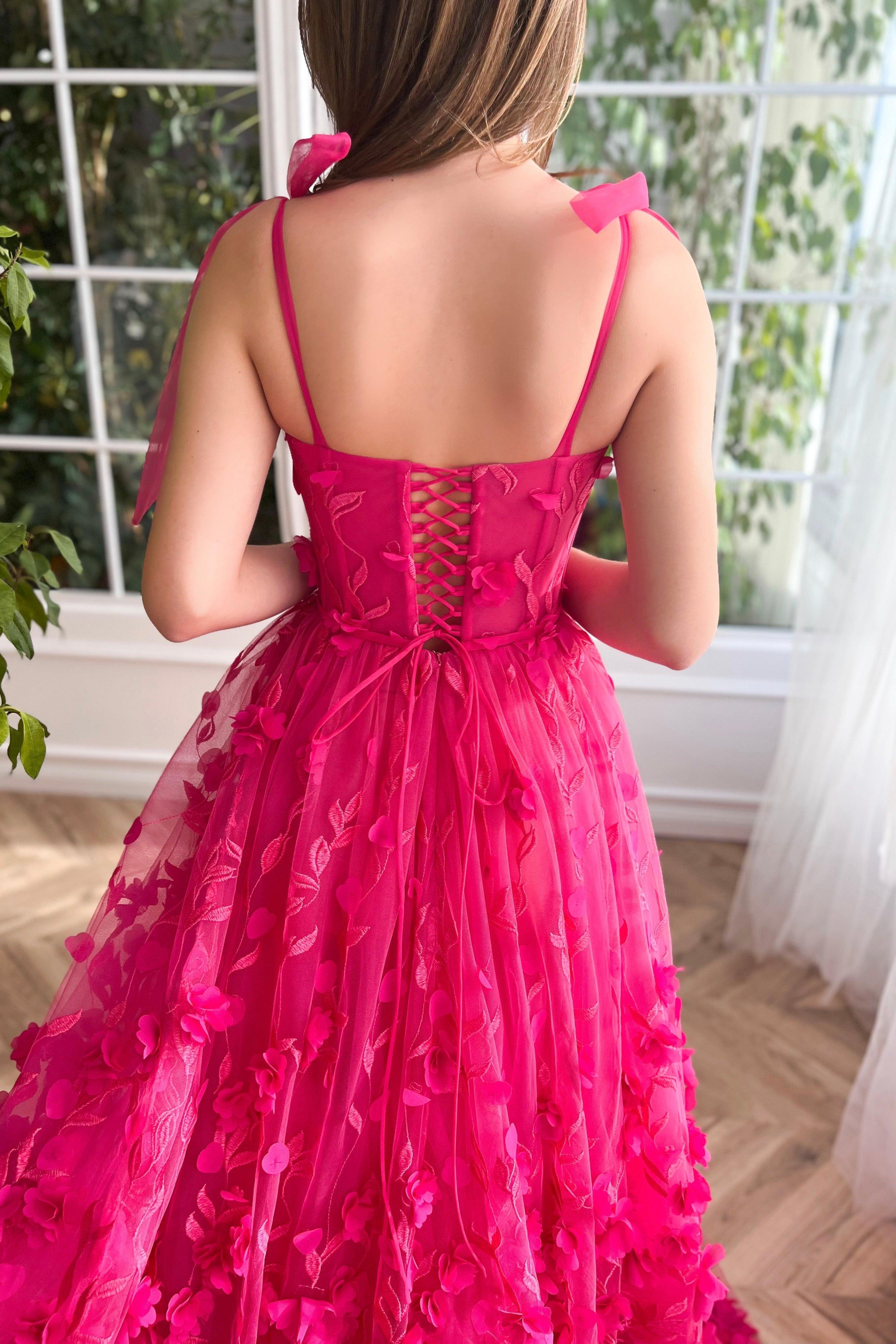 Fuchsia Prom Dress A Line 3D Flower Lace Evening Dress With Split