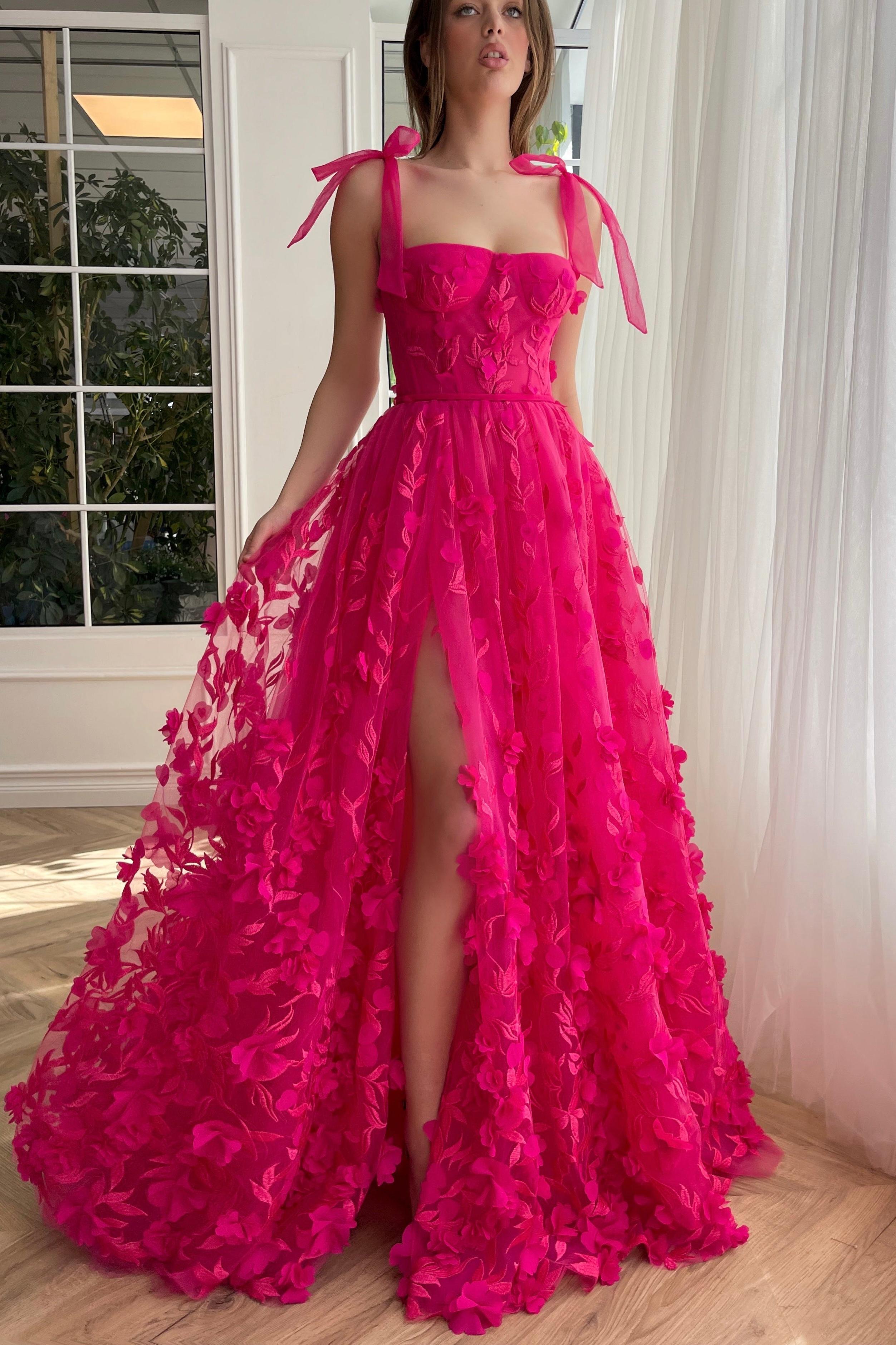 Fuchsia Prom Dress A Line 3D Flower Lace Evening Dress With Split