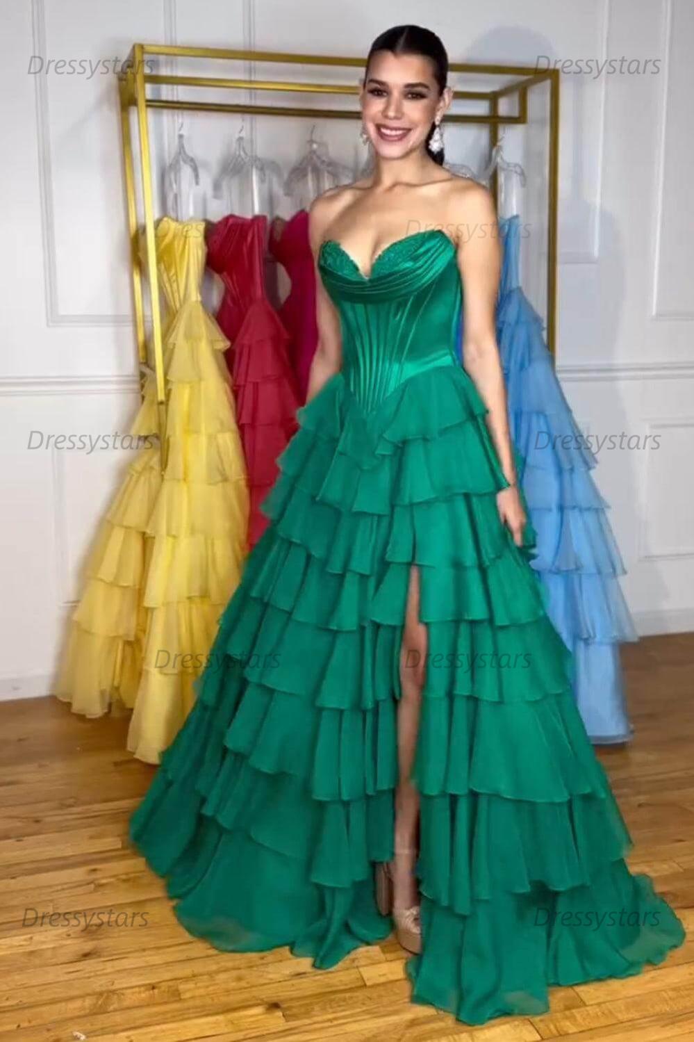 A Line Prom Dress Blue Strapless Tiered Corset Long Evening Dress