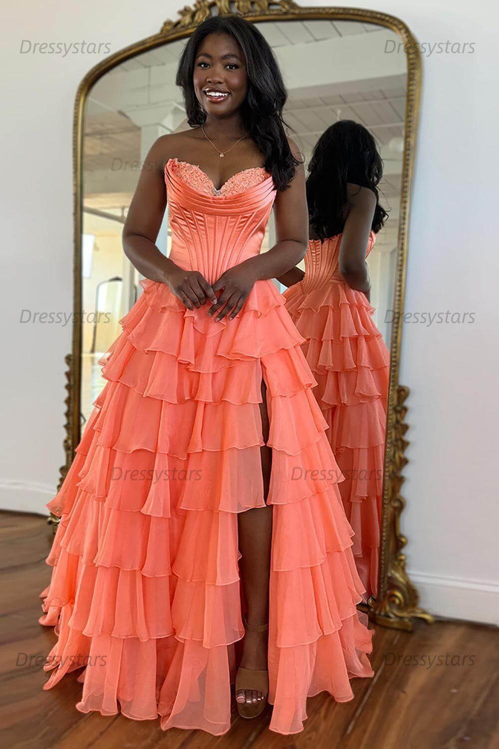 A Line Prom Dress Blue Strapless Tiered Corset Long Evening Dress
