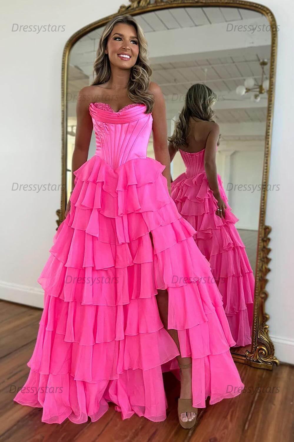 A Line Prom Dress Blue Strapless Tiered Corset Long Evening Dress
