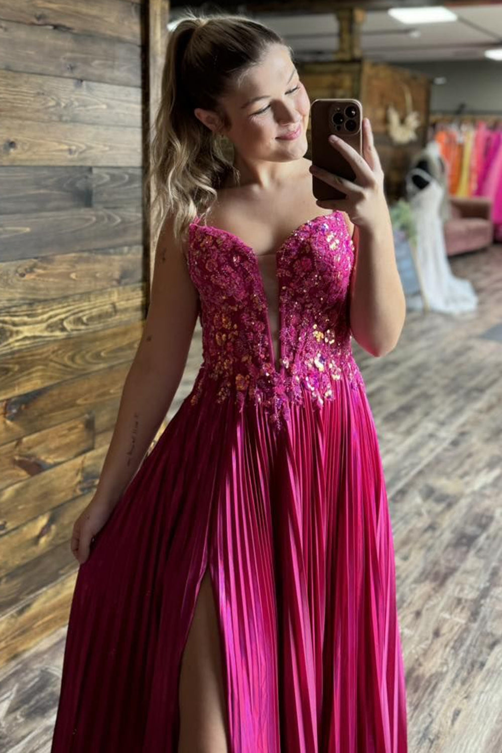 Fuchsia Prom Dress A Line Corset Long Evening Dress with Slit