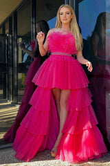 Fuchsia Prom Dress A Line High Low Strapless Ruffled Tulle Evening Dress with Feathers
