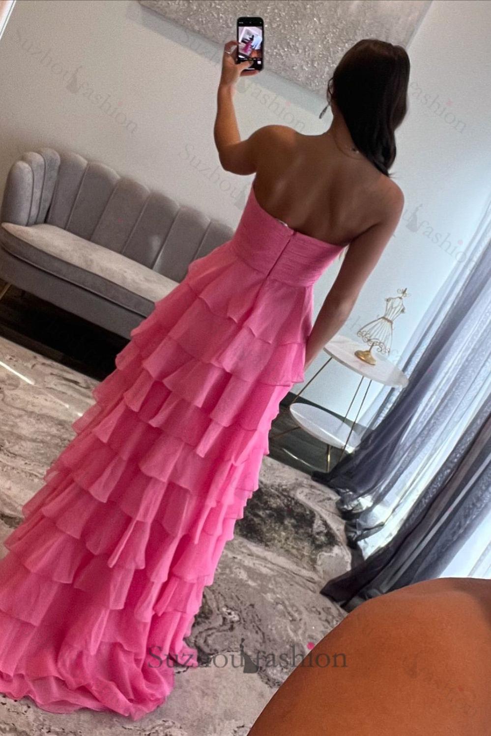 Fuchsia Prom Dress A-Line Sweetheart Tiered Formal Dress With Slit