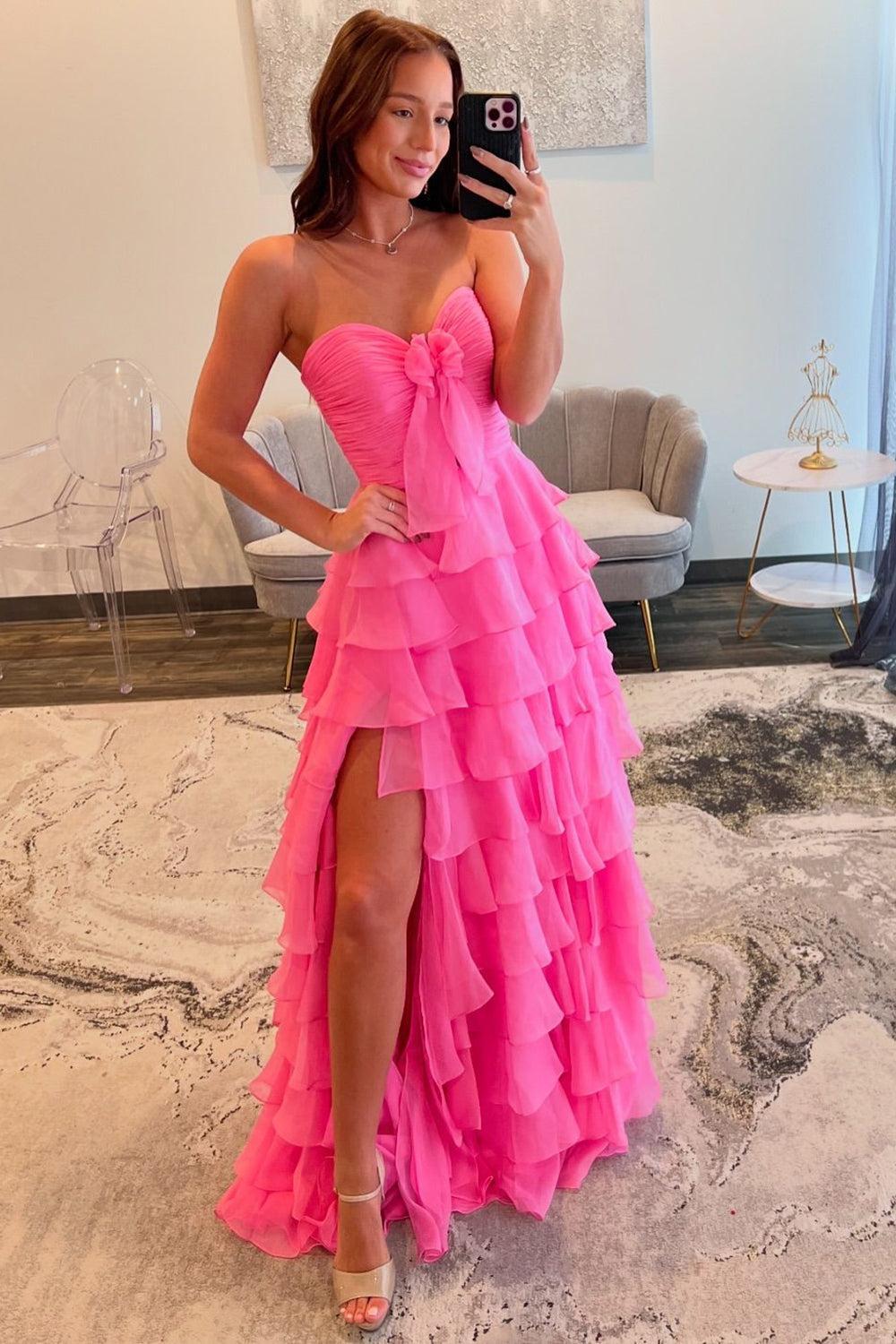 Fuchsia Prom Dress A-Line Sweetheart Tiered Formal Dress With Slit