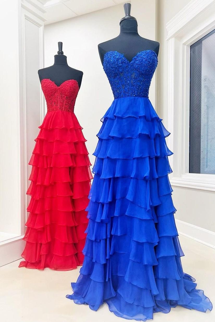 Fuchsia Prom Dress A Line Tiered Chiffon Long Formal Dress with Lace